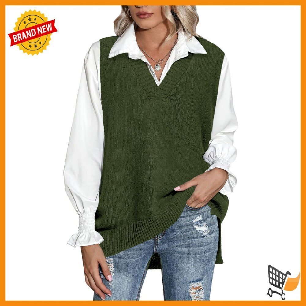Oversized V-Neck Sweater Vest Sleeveless Pullover Knit Top Fall Outfit